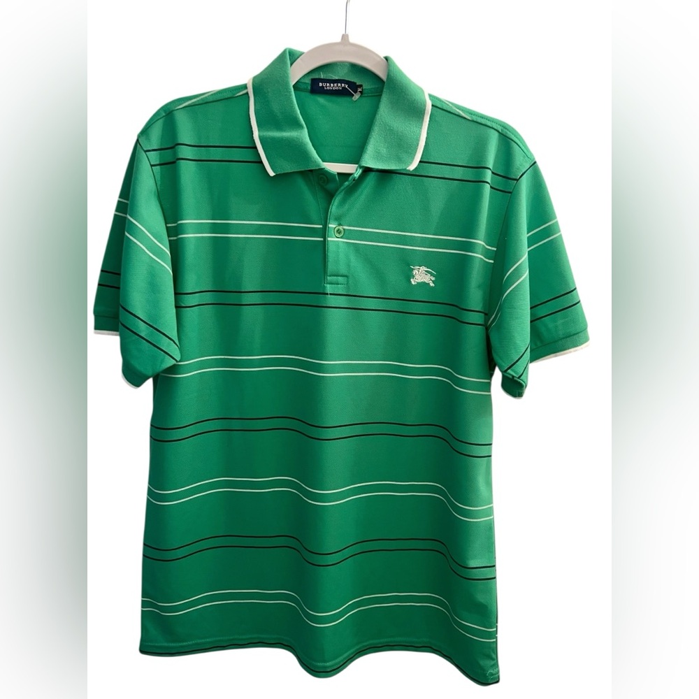 Burberry Green Polo with White and Black Stripes